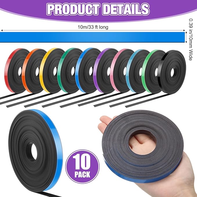 Saypacck 10 Rolls Whiteboard Magnetic Strips Roll Thin Strips 0.39 in x 16.4 ft Dry Erase White Board Magnetic Tape Graphic Decorative Tape Thin Magnet Board Dividers for Office Art Accessories