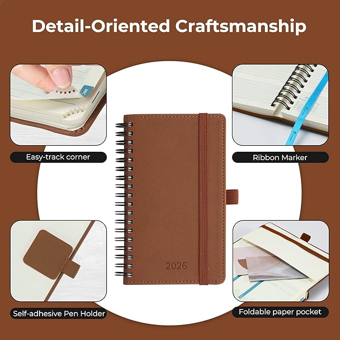 IN-LUXPRO Planner 2026 Daily Weekly and Monthly,6.5"x3.75",12 Months Spiral Bound Calendar Agenda with Self-adhesive Pen Holder,2026 Appointment Book with Vegan Leather Soft Cover,Brown