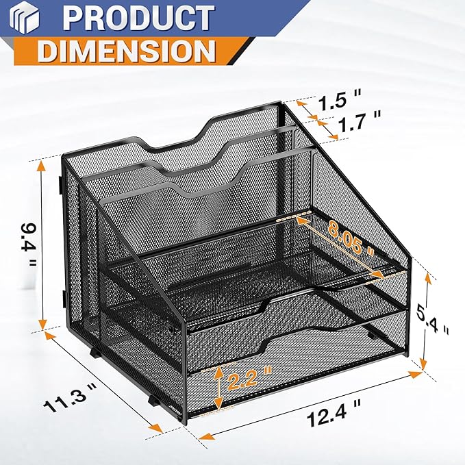 GAWERK Letter Tray Organizer, Mesh Desk File Organizer with 3 Paper Trays and 2 Vertical Upright Section, Blank