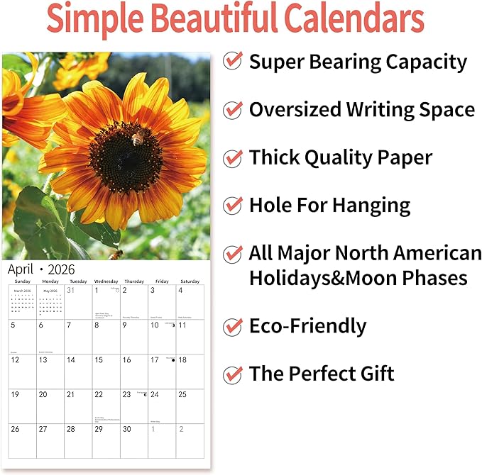 2026 Wall Calendar,Calendar 2026, November 2025 - December 2026, Wall Calendar Sunflowers, 12" x 24" Opened,Full Page Months Thick & Sturdy Paper for Gift Perfect Calendar Organizing & Planning