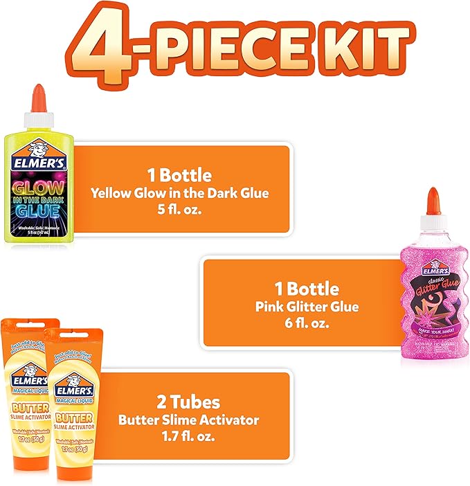 Elmer’s Butter Slime Kit, Includes Glow in the Dark Glue, Glitter Glue, Slime Activator, 4 Count - Kids Activity, Creative, Fun Holiday Gift