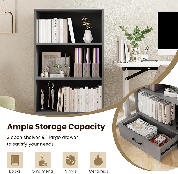 Tangkula 3 Tier Bookcase with Drawer, 42.5”Tall Freestanding Bookshelf with 3 Open Shelves & 1 Drawer, Anti-toppling Devices, Modern Display Storage Organizer for Home Office (Grey, 42.5" H)