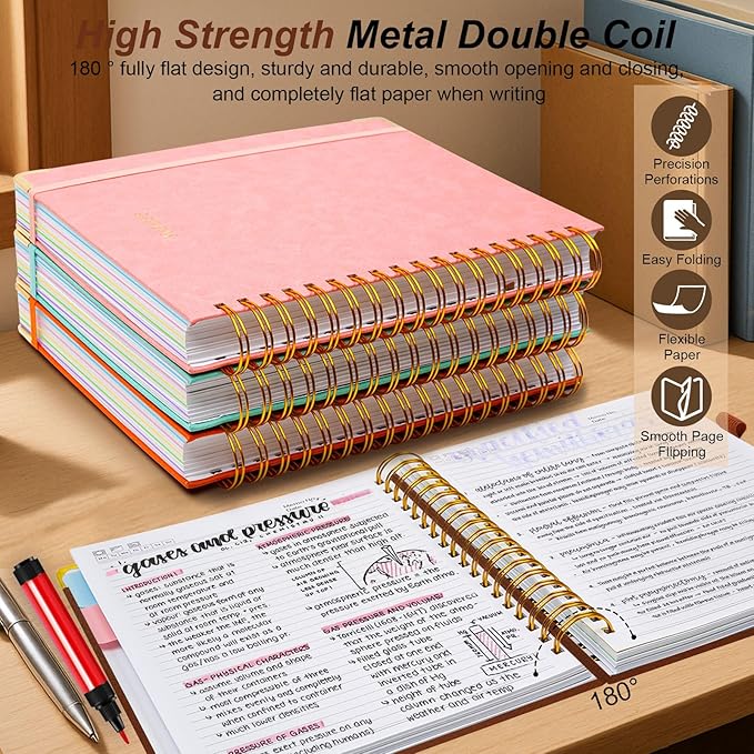 Hardcover Spiral Notebook 8"x10" Journal Notebook with Tabs and Removable Dividers 300 Pages 5 Subject Notebook College Ruled, Faux Leather Spiral Bound Notebook for Women School Work (Brown)