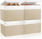 Bagnizer Large 22 Quart Linen Fabric Foldable Storage Bin Cube Organizer Basket with Flip-Top Lid & Handles, Clothes Blanket Box for Home, Office, Closet, Beige & White, 4 Pack 14.6 x 9.5 x 9.5”