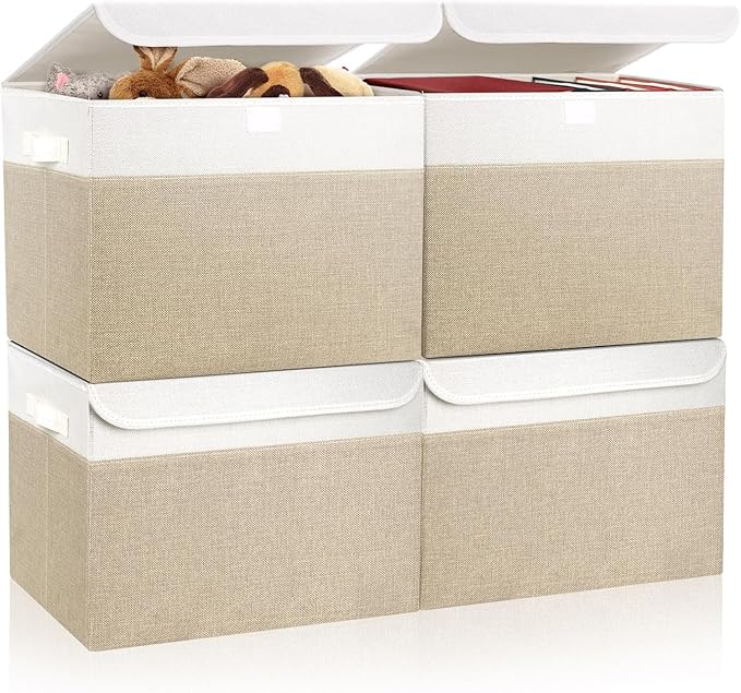 Bagnizer Large 22 Quart Linen Fabric Foldable Storage Bin Cube Organizer Basket with Flip-Top Lid & Handles, Clothes Blanket Box for Home, Office, Closet, Beige & White, 4 Pack 14.6 x 9.5 x 9.5”