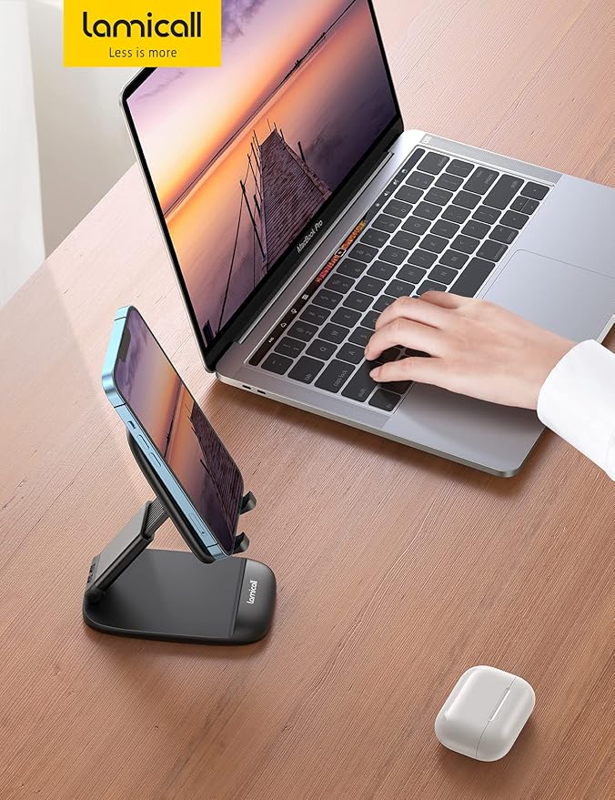 Lamicall Cell Phone Stand for Desk - [Height Adjustable] Foldable Mobile Phone Holder, Portable Stand for iPhone 17 16 15 14 13 12 11 Pro Max Plus Air, Galaxy S25 S24, Telephone, Office Accessories