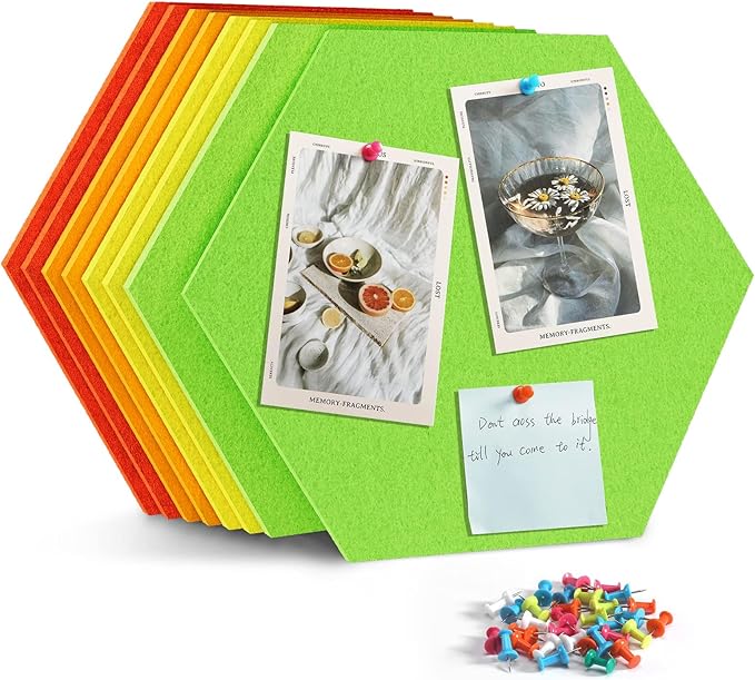 Uoisaiko 12" Large Bulletin Board with 30 Push Pins, Pack of 8 Hexagon Felt Pin Board Notice Boards for Home Office Kitchen, Felt Wall Tiles for Photos Memos (Green Yellow)