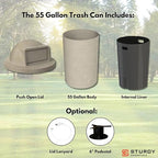 Campus Collection 55 Gallon Round Heavy-Duty Plastic Commercial Outdoor or Indor Trash Can with Push Open Dome Lid and Internal Liner | Great for Schools and Businesses - Beige Granite