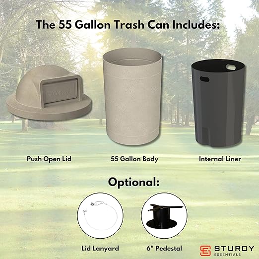 Campus Collection 55 Gallon Round Heavy-Duty Plastic Commercial Outdoor or Indor Trash Can with Push Open Dome Lid and Internal Liner | Great for Schools and Businesses - Beige Granite