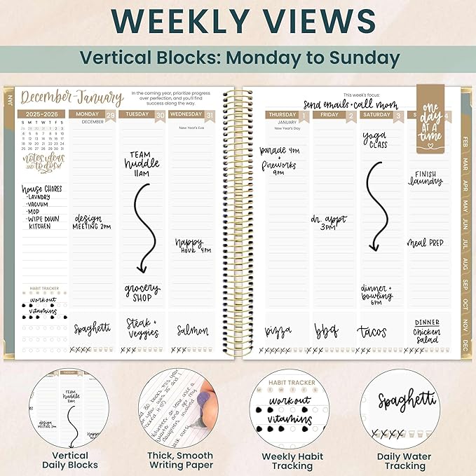 bloom daily planners 2026 Hardcover Calendar Year Goal & Vision Planner (January to December) - Monthly & Weekly Agenda Organizer - 7.5" x 9" - Green Linen