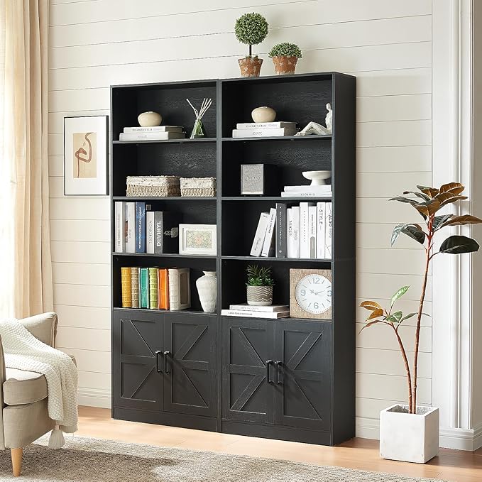 RWYHG 70in Tall Bookshelf 6 Tier Bookcase with Barn Doors and Adjustable Shelf, Black Farmhouse Book Shelves with Storage Cabinet,Wood Floor Standing Display Bookshelve for Bedroom,Living Room,Kitchen