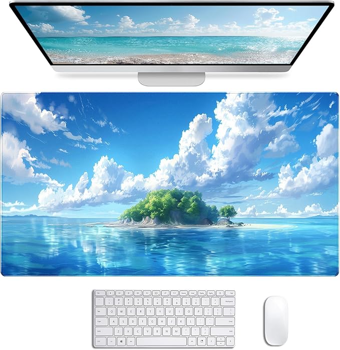 Healing Blue Sky Forest Sea Beach Scenery Keyboard Pad, Extended Office Computer Gaming Desktop Mouse Pad 35.4 x 15.7 Inches Non Slip Rubber Base with Stitched Edges