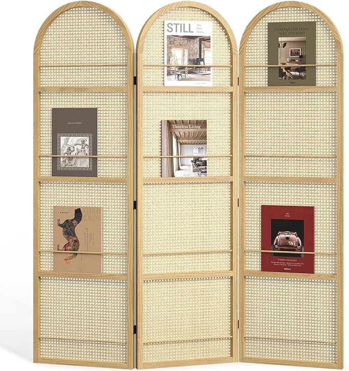 Rattan Room Divider with Built-in Bookshelf | Foldable Privacy Screen & Portable Partition for Home Office, Bedroom, Reading Nook | Wooden Frame, Freestanding Design (Natural-Rattan)
