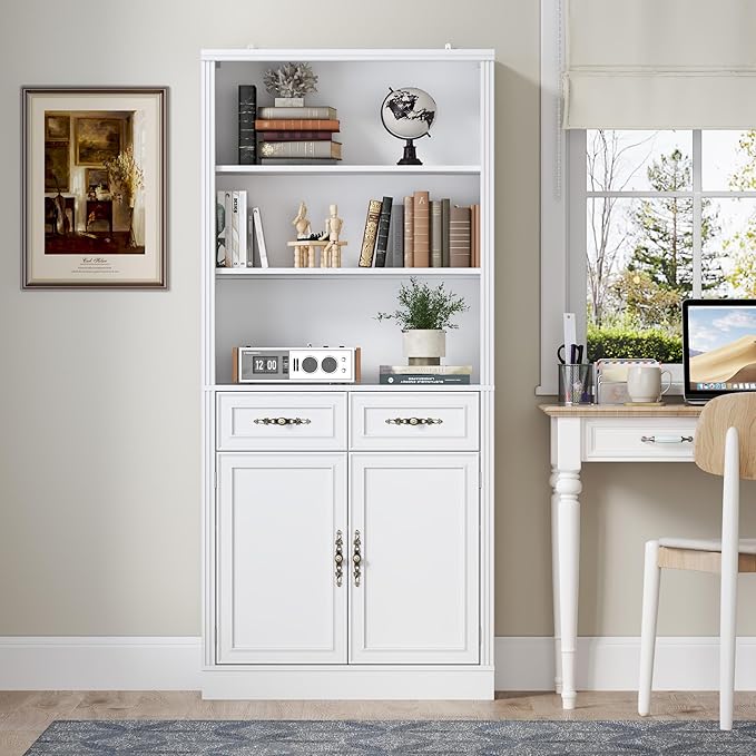 BORNOON 71.4" Tall Bookshelf with Drawers & Cabinet, 5-Tier Floor Standing Bookcase with Storage Doors, Adjustable Shelves & Metal Handles, 31.5" Wide Organizer for Home Office, Living Room