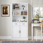 BORNOON 71.4" Tall Bookshelf with Drawers & Cabinet, 5-Tier Floor Standing Bookcase with Storage Doors, Adjustable Shelves & Metal Handles, 31.5" Wide Organizer for Home Office, Living Room