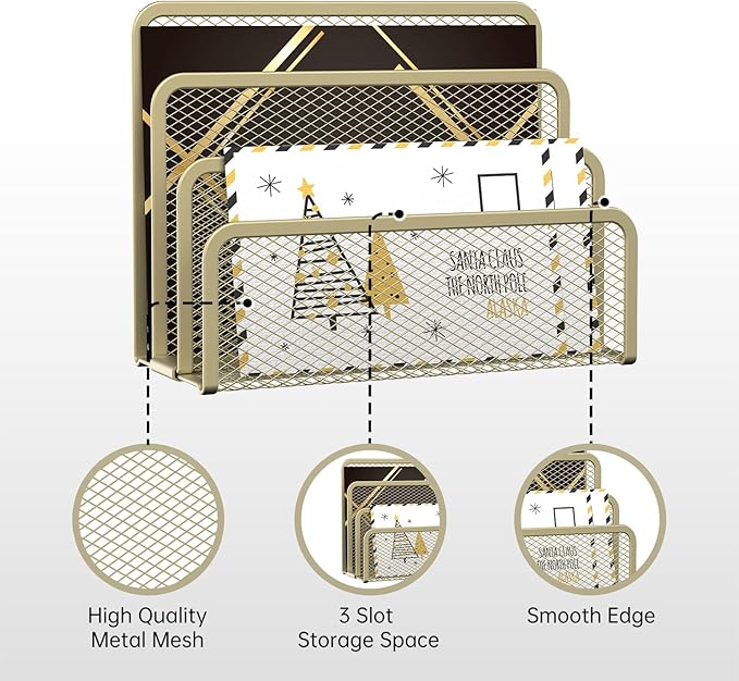 SUPEASY Mail Organizer for Desk, Mesh Metal Mail Holder Countertop with 3-Slot, Letter Sorter File Holder, Office Envelope Organizer for Mails (Yellow)
