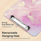 Luminzo Plastic Cute Clipboard Low-Profile Metal Clip, A4 Letter Size 9 x 12.5 in, 8.5 x 11 Paper Clip Board for Teachers, Nurses, Classroom,Pink Gold Marble