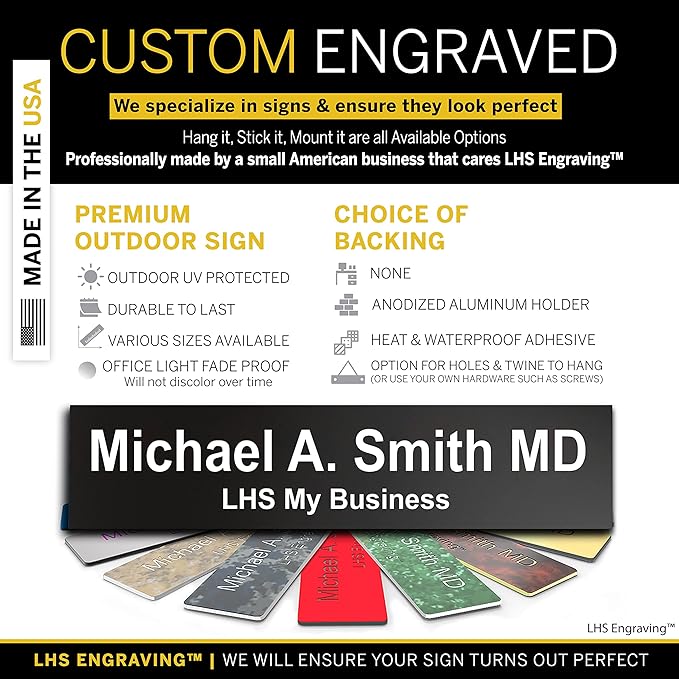 Personalized Name Plate with Choice of Mounting Holders for Walls, Doors, Cubicles, Hanging and More - Custom Black Plastic White Letters - USA Made 2x12 - B2