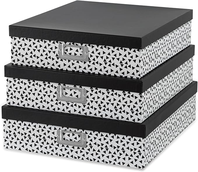 Soul & Lane Decorative Storage Boxes With Lids, Set of 3 Nesting Black and White Letter and Document Box Set for Photos, Scrapbooks, Keepsakes (Whimsical Triangles)