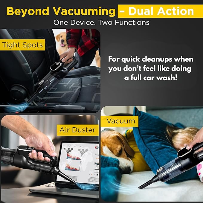 Luminoire Car Vacuum Portable Cordless, 18500Pa Cordless 2-in-1 Vacuum & Air Duster, 5000mAh Battery, 130W Brushless Motor, Handheld with LED Light, Multi Nozzles for Car, Home, Office, Pet