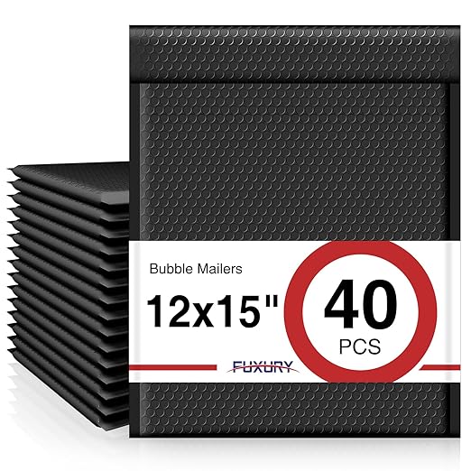 Fuxury Black Bubble Mailers 12x15" Padded Envelopes 40 Pack Large Bubble Mailer Strong Adhesion Padded Mailer,Self-Seal Envelope for Mailing Small Business,Magazine, Clothing.