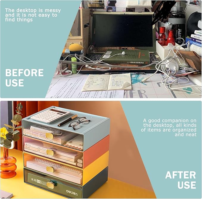 DETEIN 2PACK Stackable Drawer for Desk 6.5"x9"x3" Desktop Storage Organizer with Drawer Plastic Organizer Box Storage Container for Stationery, Makeup, Bathroom (Orange, M - 1 Drawer)