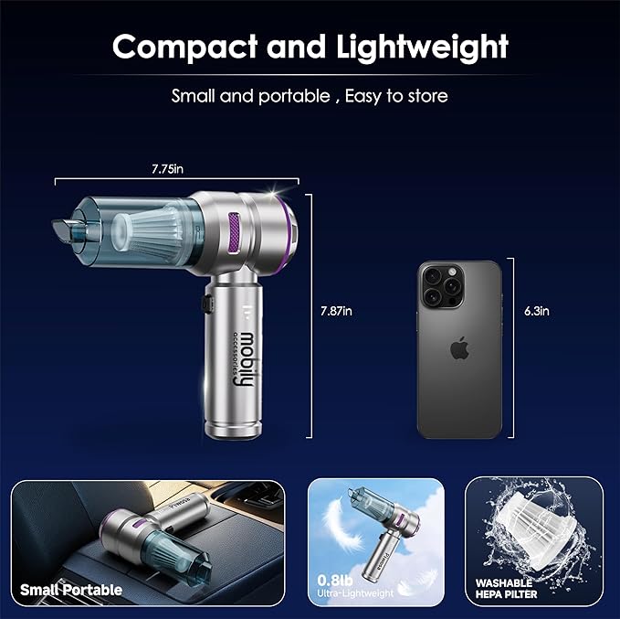 4-in-1 Handheld Cordless Car Vacuum Cleaner, 84000 RPM High Power Air Blower, inflator deflator & Mini Car Vacuum Cleaner for Home, Office & Outdoor, 6000mAh Battery & Type-C Fast Charging