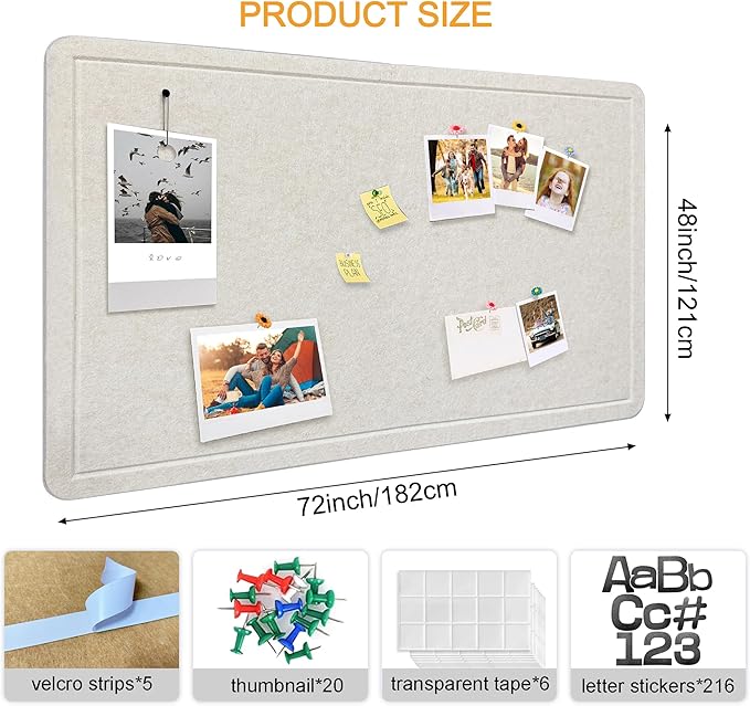 Yunihome Large Bulletin Board - Foldable 72x48 Inches Cork Board Alternative with 20 Push Pins and 237 Pcs Glitter Letters, 6' x 4' Self-Adhesive Felt Bulletin Board for Wall, Home Office Decor
