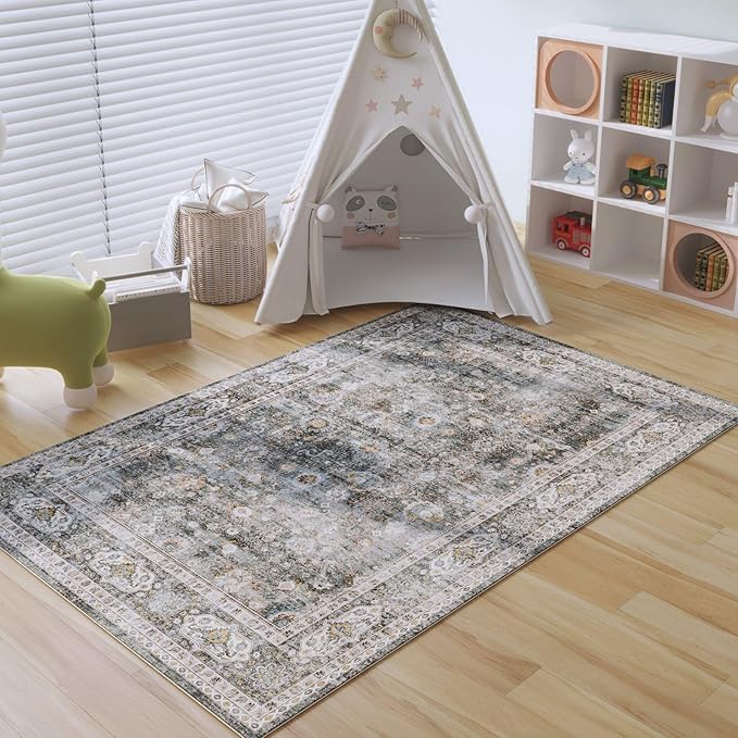 Rugcomf Bedroom Rug 3x5 Rug Washable Area Rug Non Slip Low Pile Small Carpet for Bedroom, Bedside, Kitchen, Entryway, Kids Room, Office, College Dorm Essentials for Girls(Grey)
