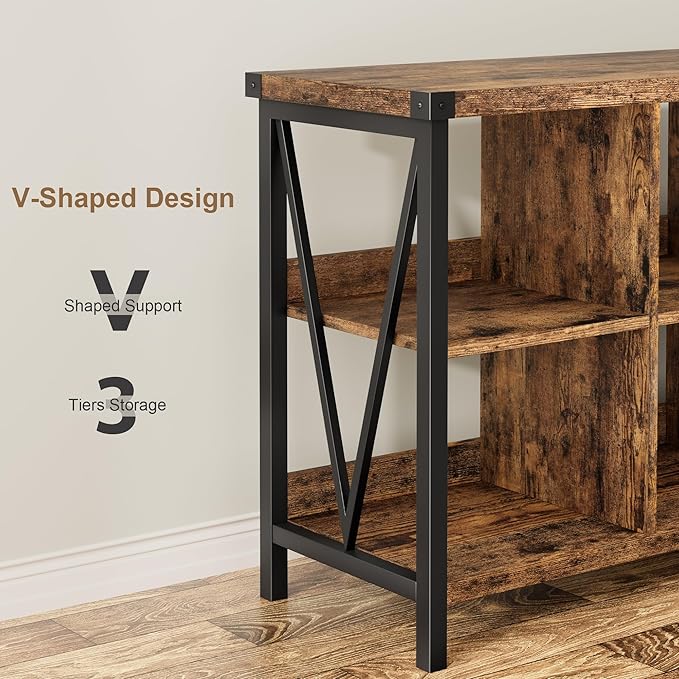 GarveeHome 8 Cube Storage Organizer Bookshelf, 3 Tier Metal Horizontal Bookcase, 62 in Console Bookshelf, Industrial Storage Bookcase for Entryway, Long Low Bookshelves for Living Room-Retro Brown