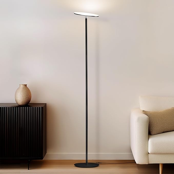 Brightech Sky LED Floor lamp, Torchiere Super Bright Floor Lamp for Living Room Decor & Office - Dimmable, Tall Standing Torch Lamp with Warm Light for Bedroom & Reading - Black