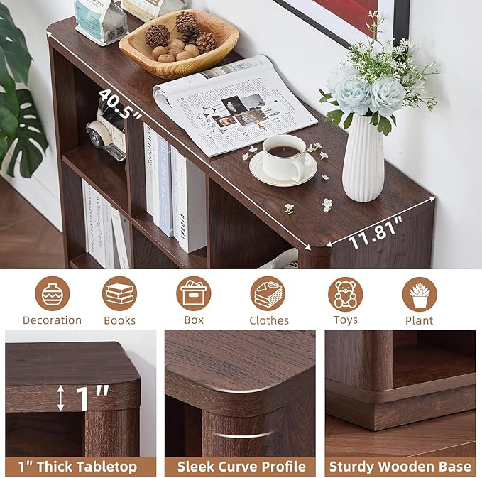 Joaxswe 9 Cube Bookshelf, 41" Tall Organizer Bookcase with Curved Edge, Wood Floor Standing 3-Tier Cubby Book Shelf with Base, Vinatge Display Storage Cabinet for Living Room, Home Office, Walnut