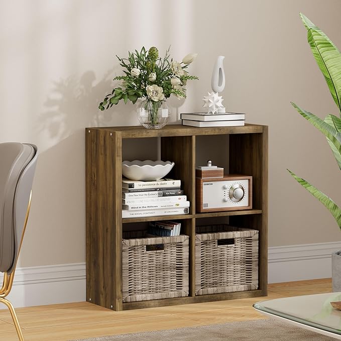 4 Cube Storage Organizer, 2x2 Cube Bookshelf, Cubby Storage Shelf, Wooden Organizer Shelf with Thickened Boards, for Closet Bedroom Home Office Living Room, 25.12" L x 9.37" W x 25.12" H, Brown