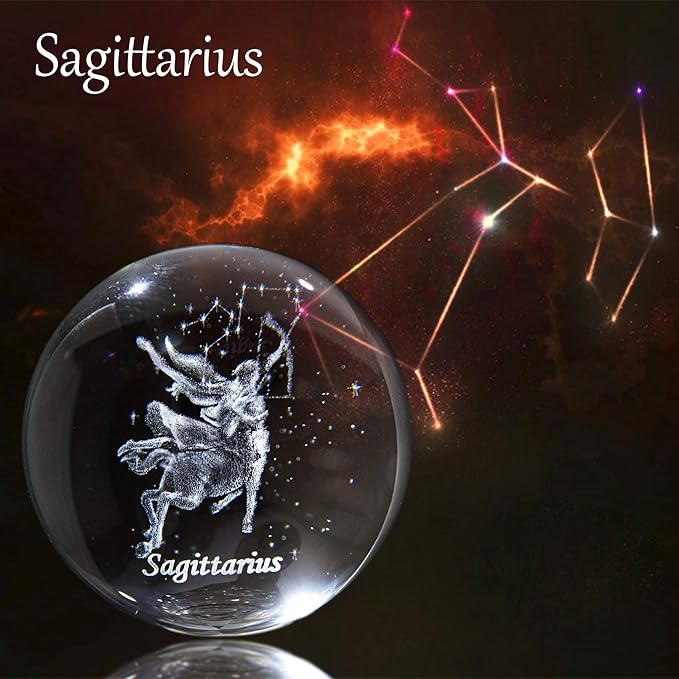 3D Laser Constellation Crytsal Ball Crystal Paperweight Full Sphere Glass Fengshui with Sliver-Plated Flowering Stand(Sagittarius)