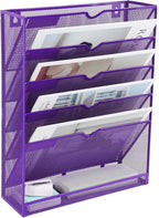 EASEPRES 6 Tier Mesh Hanging Wall File Organizer, Desk Vertical Mail Paper Document Folder Holder Rack with Bottom Tray and Nametag Label for Office Home School, Purple