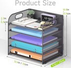 Cawukege 5 Tier Paper Organizer with Handle, Metal Mesh Desk Organizer File Folder Paper Letter Tray Desktop Document Sorter for Classroom, School, Office Accessories Organization and Storage - Grey