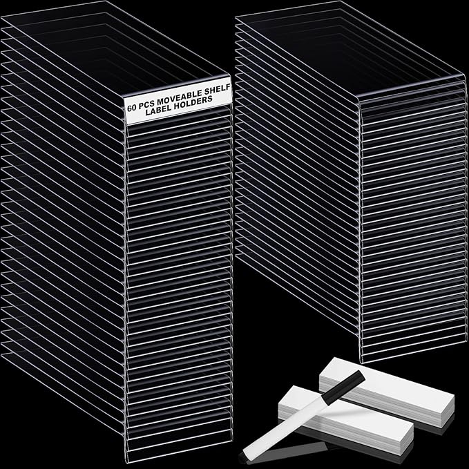 Containlol 60 Sets Moveable Shelf Label Display Holders with Label Inserts and Marker Clear Shelves Tag Plastic Shelf Markers Teachers Gift for Classroom Office Book Shelves(6.5 x 3 x 0.63 Inch)