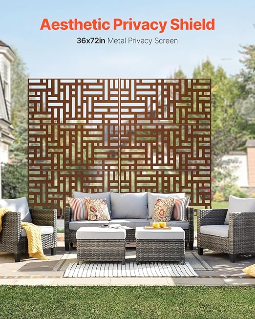 VEVOR Metal Privacy Screen, 36" W x 72" H, Outdoor Privacy Screens & Panels, Freestanding Outdoor Divider with Stand, 3-Panel Decorative Garden Steel Privacy Fence for Balcony Patio Indoor Room Brown