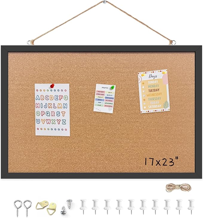 Yunihome Cork Bulletin Board, 17x23 Inches Hanging Cork Board Wooden Framed with Pins for Wall, Dorm Room, Office, Home Decor – Natural Cork & Black Frame