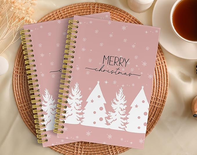 Knibeo Pink Christmas Notebook Journal - Christmas Tree Notebook, Pink Christmas Notebook, Merry Christmas Notebook, 5.5×8.3 Lined Paper Spiral Bound Notebook with 164 Pages