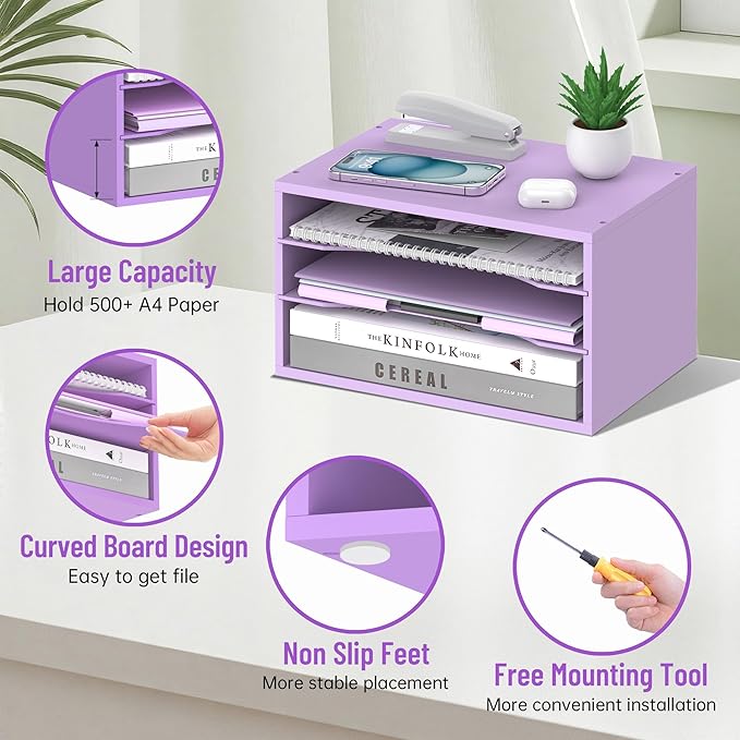 SHARKWOODS Wood Desk Organizer, 3 Tier Paper Tray Organizer for Desk with Adjustable Storage Shelves, Desktop File Organization Paper Sorter Mail Holder for Office Home Classroom, Purple