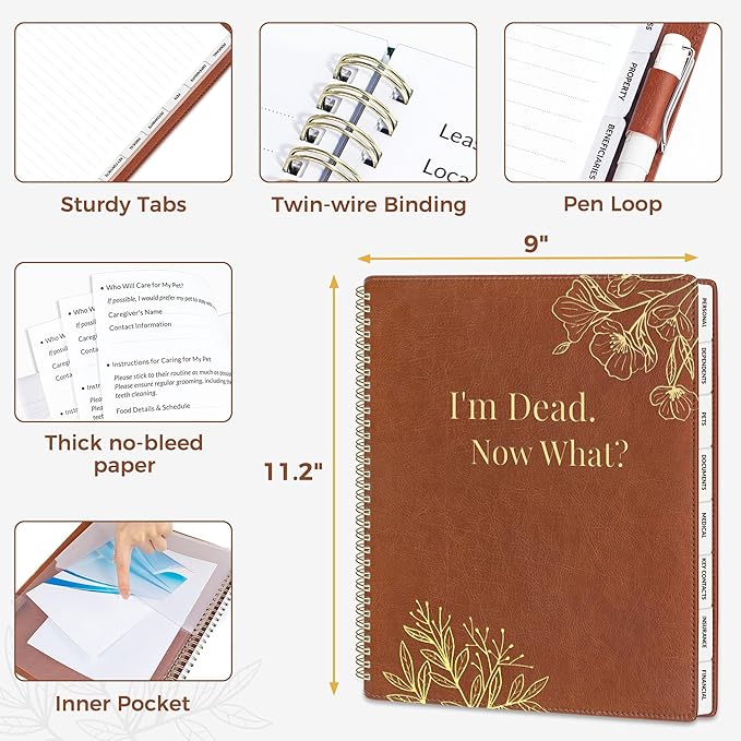 SUNEE End of Life Planner - I‘m Dead Now What Planner, Large Print Spiral-Bound Estate Organizer with Tabs for Seniors & Family. Covers Final Wishes, Passwords & Funeral Planning.A4（9"x11.2"), Brown