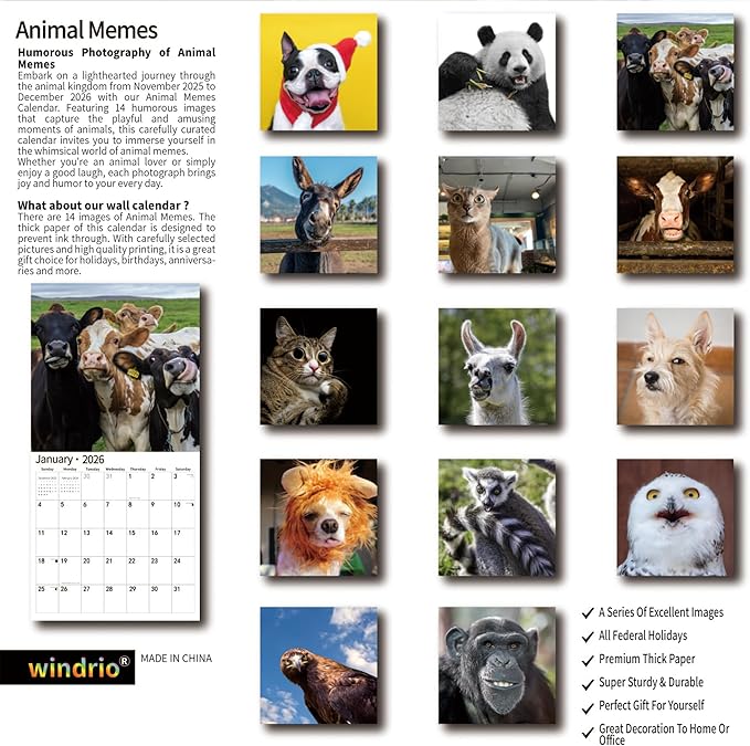 2026 Wall Calendar,Funny Calendar 2026, November 2025 - December 2026, Wall Calendar Funny Animal Memes, 12" x 24" Opened, Full Page 12 Months Thick Paper for Gift Calendar Organizing Planning