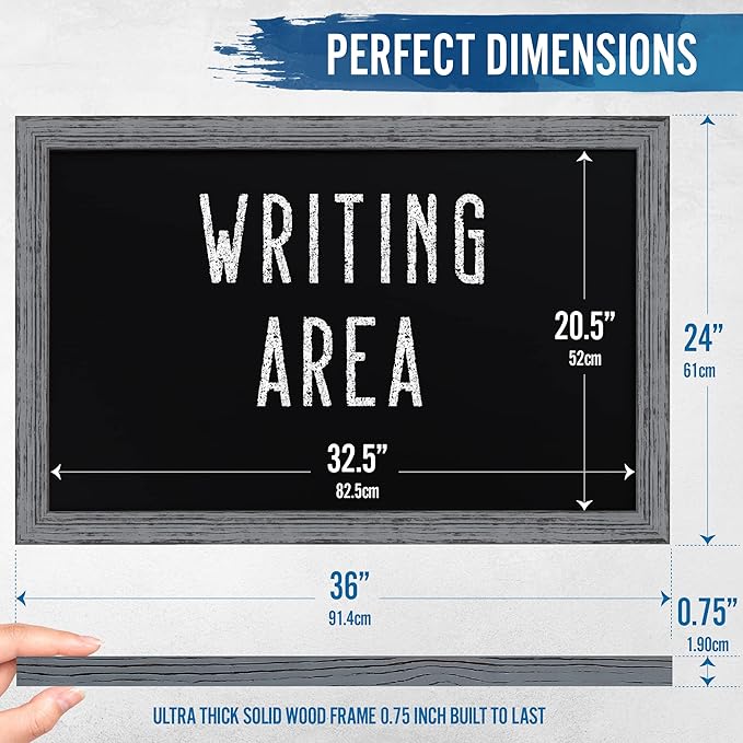 HBCY Creations Rustic Grey Wooden Magnetic Wall Chalkboard, Extra Large Size 24" x 36", Framed Decorative Chalkboard - Great for Kitchen Decor, Weddings, Restaurant Menus and More! (24" x 36")