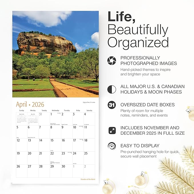 RED EMBER Wonders of the World 2026 Wall Calendar 12 Months | 12" x 24" Open | Thick & Sturdy Paper | Holiday Gift | Nature Calendar 2026