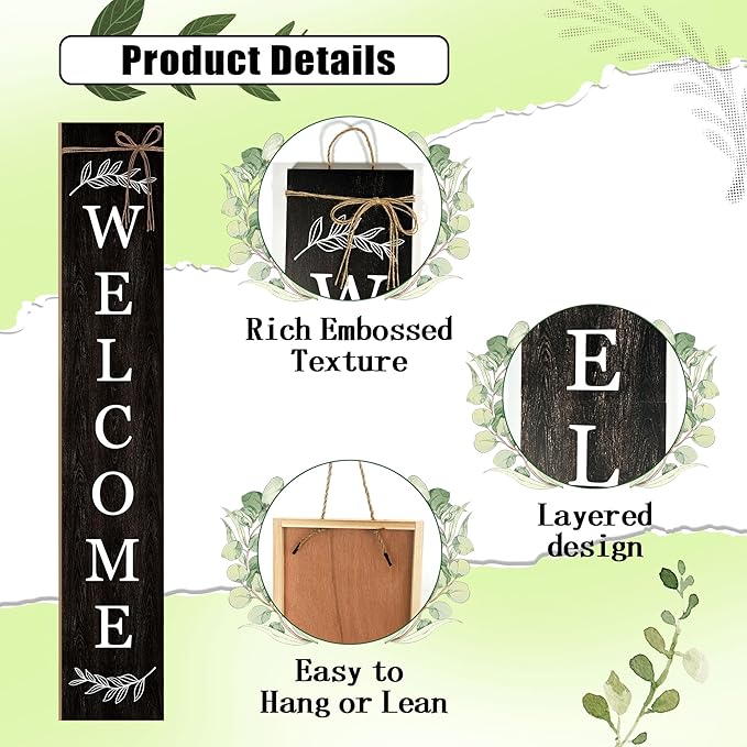 Welcome Porch Sign Decor Wooden Hanging Sign Door Porch Standing Decorative Signs Plaques for Front Door Farmhouse Outdoor Indoor Welcome Sign 47.2"H（black）