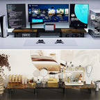 WEGASTU 43.7" Extra Long Dual Monitor Stand Riser, Wood & Steel Monitor Stand for 2 Monitors, Wide TV Stand, Desktop Riser for Desk Organization, Home Office、Laptop,Printer,TV (Vintage black)