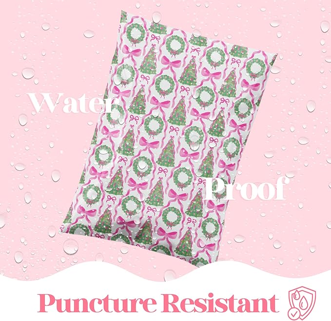 10x13 Designer Poly Mailer 100 Pack Heavy Duty Waterproof Self Seal Shipping Bags for Small Business Large Mailing Envelopes Bulk Tear Resistant Packaging Coquette Christmas Holiday Bows