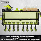 KAFAHOM Power Tool Organizer，Large 8 Drill Holder Wall Mount with 2 Side Pegboards,Metal Tool Shelf with 12 Hooks，Storage Rack for Garage Organization，Utility Cordless Drill Holder - Black