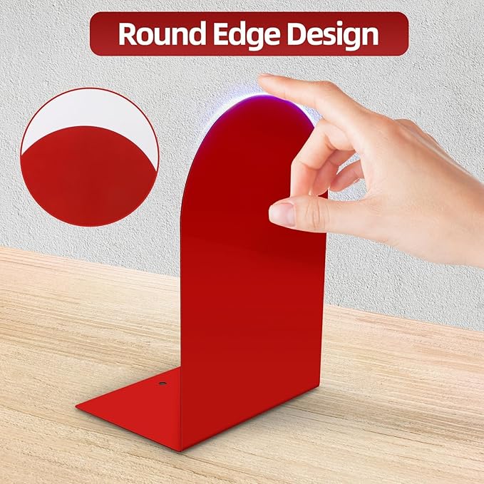 Lulonpon 4 Pieces Book Ends, Bookends, Books Stand, Metal Bookend for Shelves, Red Book Ends for School, Library, Desktop Organizer